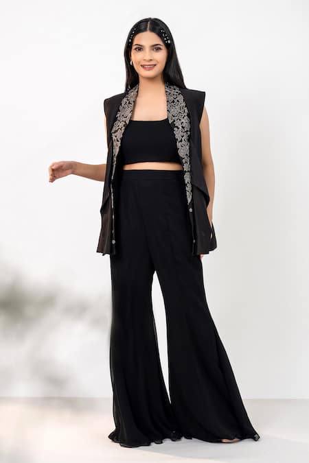 Aanchal Vijaywargi Black Chanderi Embroidery Thread Gardenia Embellished Blazer Bell Bottom Set 