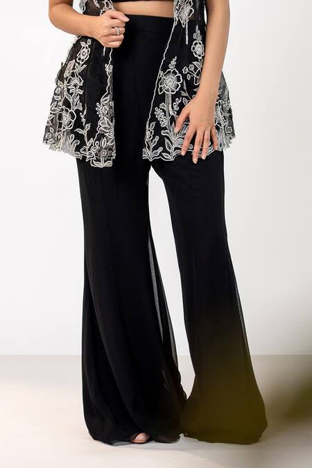 Buy_Aanchal Vijaywargi_Black Organza Embroidery Thread Square Midnight Bloom Jacket Bell Bottom Pant _Online_at_Aza_Fashions