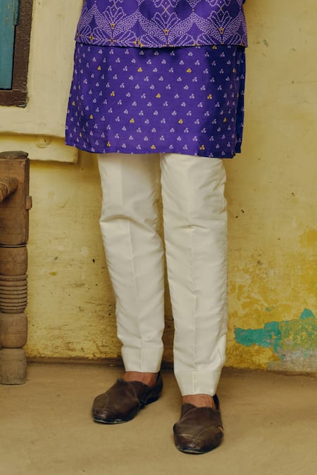 Drishti & Zahabia_Purple Silk, Cotton Embroidery Bandhej Print Bundi And Kurta Set _Online_at_Aza_Fashions