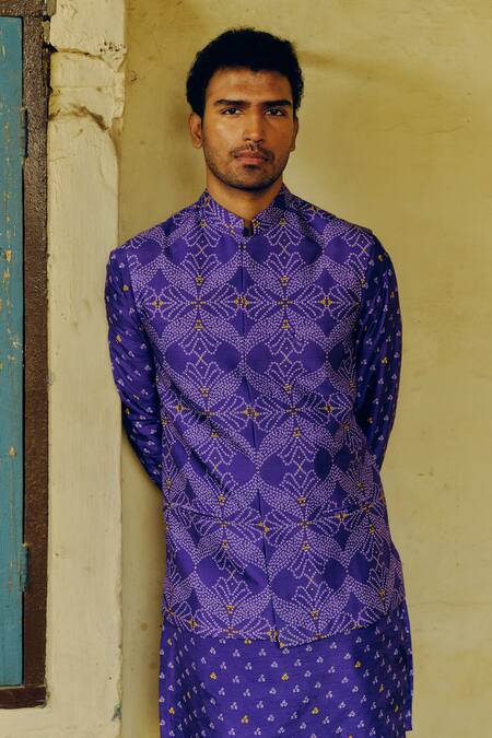 Buy_Drishti & Zahabia_Purple Silk, Cotton Embroidery Bandhej Print Bundi And Kurta Set _Online_at_Aza_Fashions
