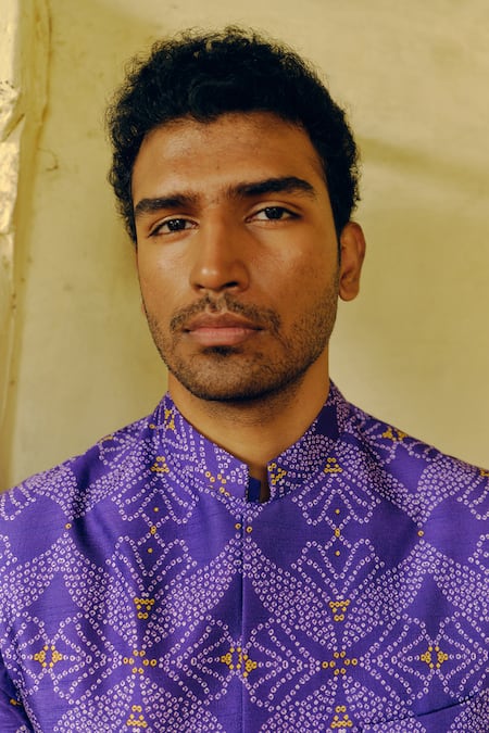 Shop_Drishti & Zahabia_Purple Silk, Cotton Embroidery Bandhej Print Bundi And Kurta Set _Online_at_Aza_Fashions