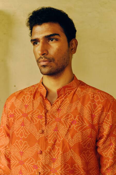 Shop_Drishti & Zahabia_Orange Silk, Chanderi Silk, Cotton Embroidery Bandhej Print Bundi And Kurta Set _Online_at_Aza_Fashions