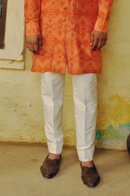 Drishti & Zahabia_Orange , Satin, Silk Embroidery Bandhej Print Kurta And Pant Set _Online_at_Aza_Fashions