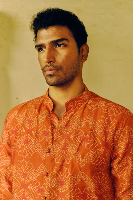 Buy_Drishti & Zahabia_Orange , Satin, Silk Embroidery Bandhej Print Kurta And Pant Set _Online_at_Aza_Fashions