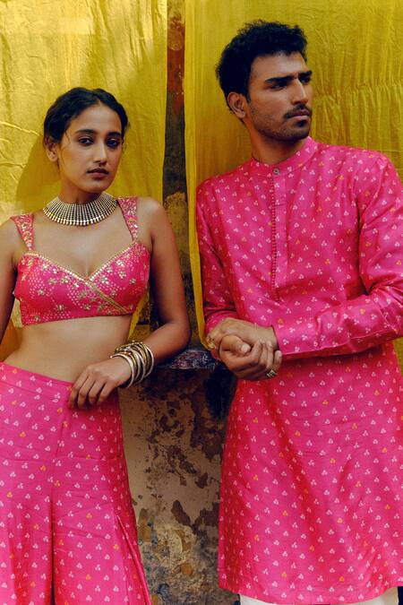 Buy_Drishti & Zahabia_Pink Silk, Cotton Embroidery Bandhej Print Kurta Set _Online_at_Aza_Fashions