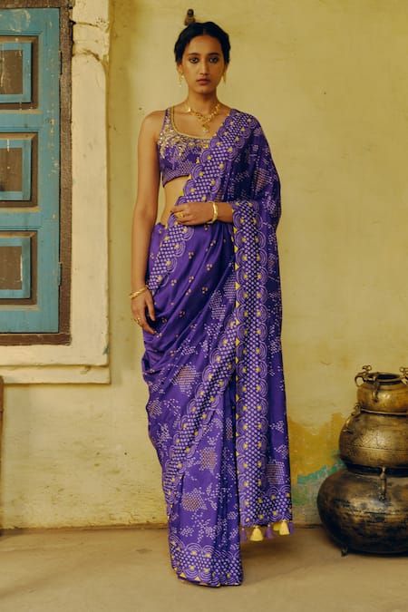 Drishti & Zahabia Purple Dupion Silk Lining Crepe Print Bandhani Aari U Neck Saree With Blouse