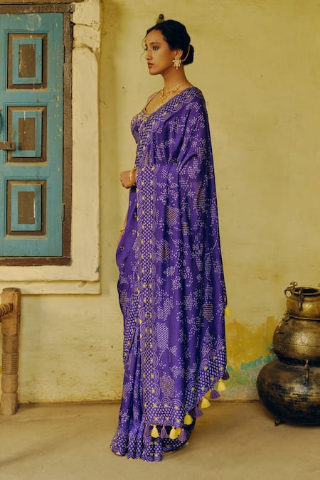 Buy_Drishti & Zahabia_Purple Silk, Crepe Sequins, Embroidery Round Bandhani Print Saree With Blouse _Online_at_Aza_Fashions