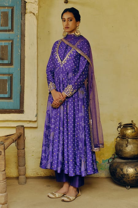 Drishti & Zahabia_Purple Net, Denim, Chanderi, Silk Sequins, Bandhej Motif Print Anarkali Set _Online_at_Aza_Fashions