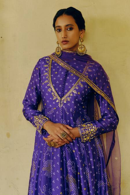 Buy_Drishti & Zahabia_Purple Net, Denim, Chanderi, Silk Sequins, Bandhej Motif Print Anarkali Set _Online_at_Aza_Fashions