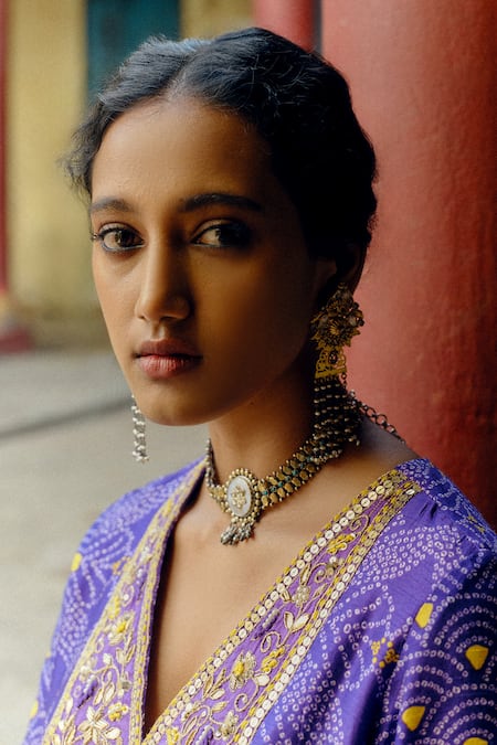 Drishti & Zahabia_Purple Silk, Crepe Diamonds, Gota Scallop Fleur Bandhej Print Kurta With Pant _at_Aza_Fashions