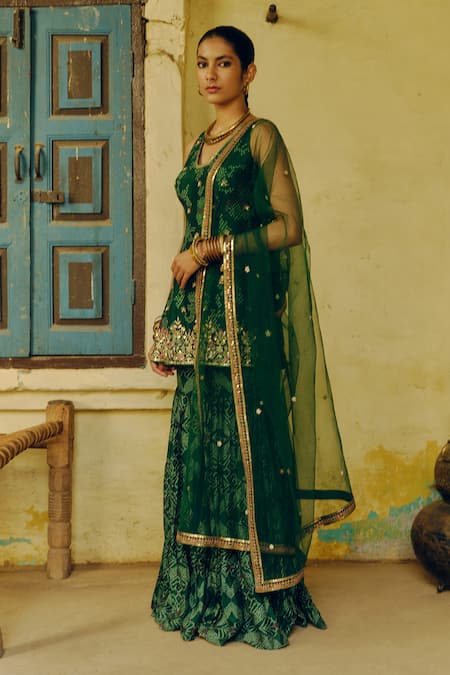 Shop_Drishti & Zahabia_Green Silk, Net, Crepe Sequins, Embroidery Bandhej Print And Kurta Sharara Set _Online_at_Aza_Fashions