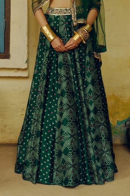 Drishti & Zahabia_Green Silk, Net, Crepe Diamonds, Bandhej Print And Embroidered Lehenga Set _Online_at_Aza_Fashions