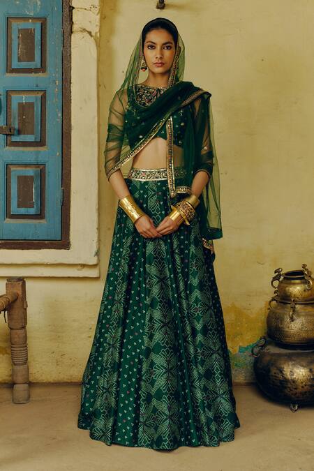 Buy_Drishti & Zahabia_Green Silk, Net, Crepe Diamonds, Bandhej Print And Embroidered Lehenga Set _Online_at_Aza_Fashions