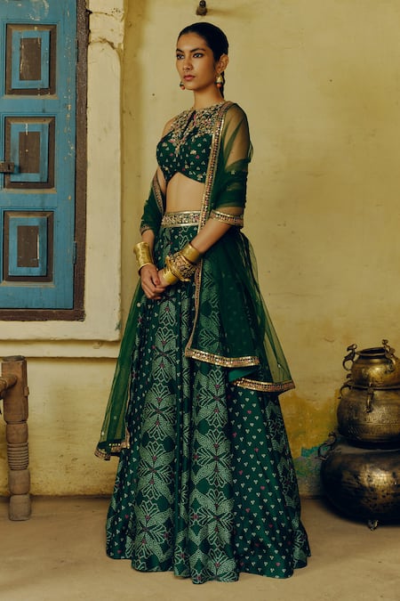 Shop_Drishti & Zahabia_Green Silk, Net, Crepe Diamonds, Bandhej Print And Embroidered Lehenga Set _Online_at_Aza_Fashions