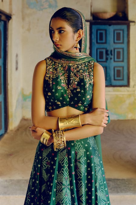 Drishti & Zahabia_Green Silk, Net, Crepe Diamonds, Bandhej Print And Embroidered Lehenga Set _at_Aza_Fashions