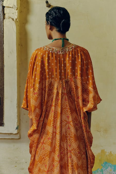 Shop Drishti & Zahabia Orange Silk, Crepe Diamonds V-neck Bandhani Blossom Print Kaftan at Aza Fashions Shop_Drishti & Zahabia_Orange Silk, Crepe Diamonds V-neck Bandhani Blossom Print Kaftan _at_Aza_Fashions