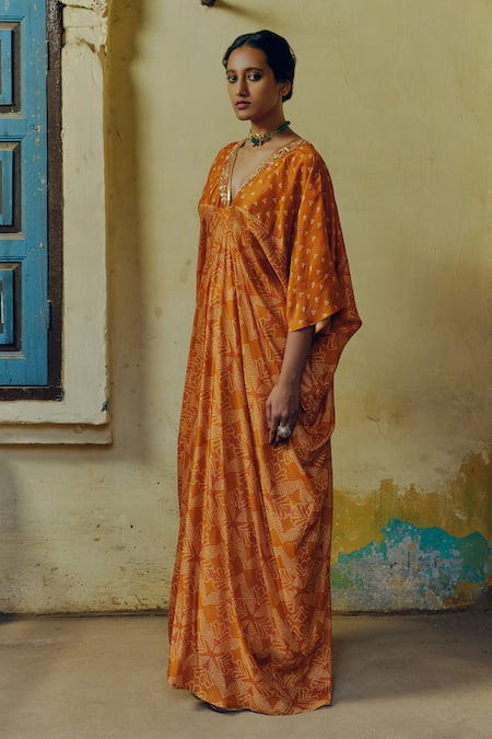 Drishti & Zahabia Orange Silk, Crepe Diamonds V-neck Bandhani Blossom Print Kaftan Online at Aza Fashions Drishti & Zahabia_Orange Silk, Crepe Diamonds V-neck Bandhani Blossom Print Kaftan _Online_at_Aza_Fashions