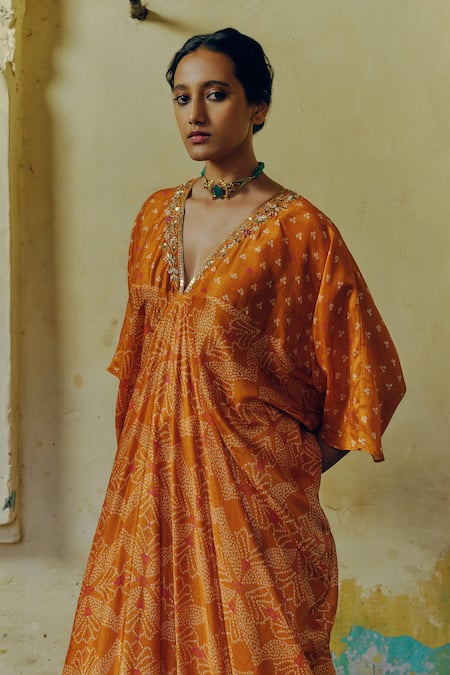 Buy Drishti & Zahabia Orange Silk, Crepe Diamonds V-neck Bandhani Blossom Print Kaftan Online at Aza Fashions Buy_Drishti & Zahabia_Orange Silk, Crepe Diamonds V-neck Bandhani Blossom Print Kaftan _Online_at_Aza_Fashions