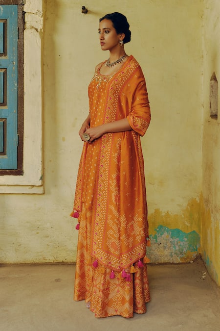 Drishti & Zahabia_Orange Silk, Crepe, Denim Sequins, Zari, Bandhej Clover Print Kurta Sharara Set _Online_at_Aza_Fashions