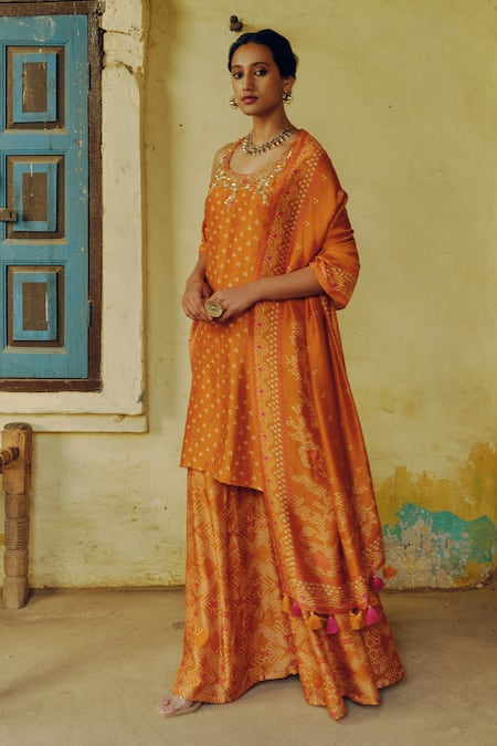 Buy_Drishti & Zahabia_Orange Silk, Crepe, Denim Sequins, Zari, Bandhej Clover Print Kurta Sharara Set _Online_at_Aza_Fashions
