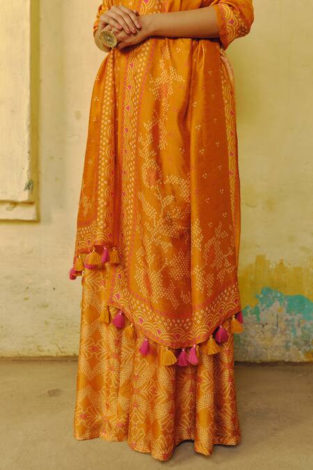 Drishti & Zahabia_Orange Silk, Crepe, Denim Sequins, Zari, Bandhej Clover Print Kurta Sharara Set _at_Aza_Fashions