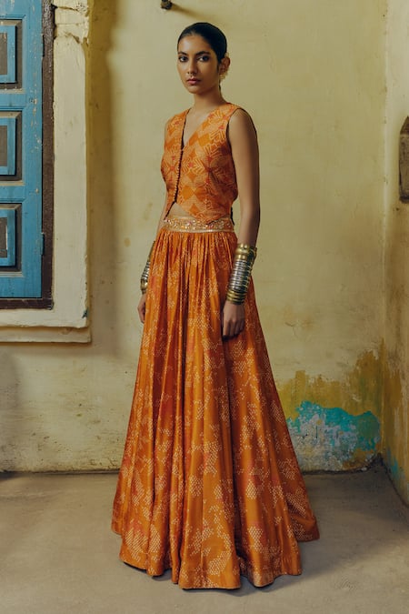 Drishti & Zahabia Bandhej Bahar Print Lehenga With Waistcoat Blouse 