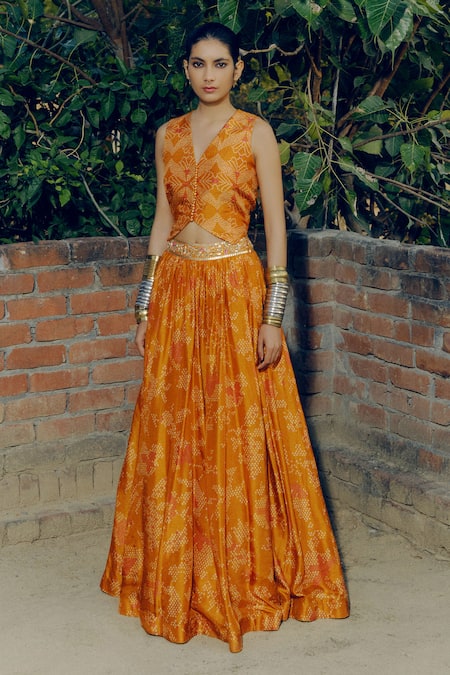 Drishti & Zahabia_Orange Silk, Crepe Sequins, Bandhej Bahar Print Lehenga With Waistcoat Blouse _Online_at_Aza_Fashions