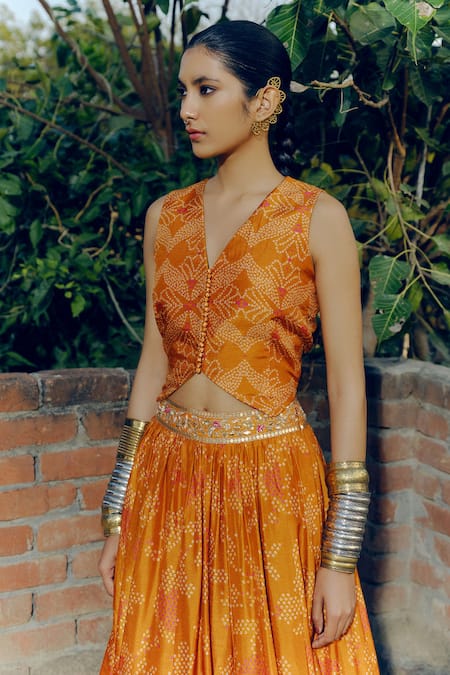 Buy_Drishti & Zahabia_Orange Silk, Crepe Sequins, Bandhej Bahar Print Lehenga With Waistcoat Blouse _Online_at_Aza_Fashions