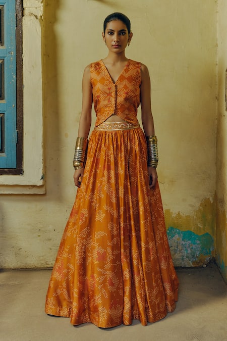 Drishti & Zahabia_Orange Silk, Crepe Sequins, Bandhej Bahar Print Lehenga With Waistcoat Blouse _at_Aza_Fashions