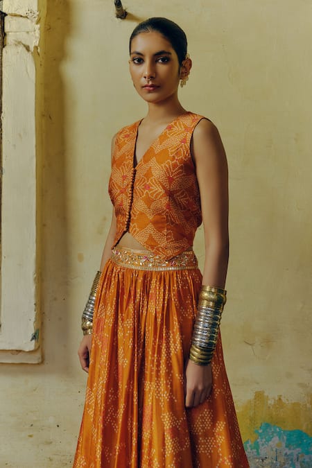 Buy_Drishti & Zahabia_Orange Silk, Crepe Sequins, Bandhej Bahar Print Lehenga With Waistcoat Blouse 