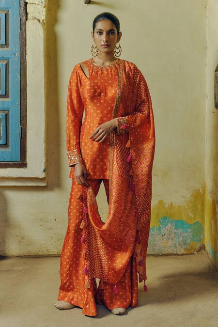 Drishti & Zahabia_Orange Silk, Crepe Sequins, Gota Patti, Bandhej Gullista Print Kurta Sharara Set _Online_at_Aza_Fashions