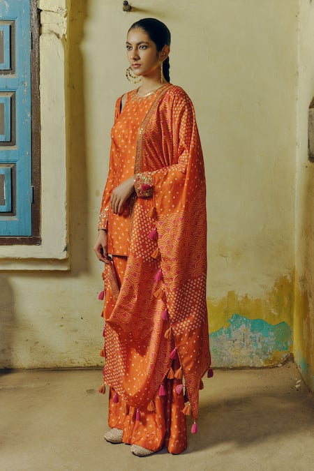 Buy_Drishti & Zahabia_Orange Silk, Crepe Sequins, Gota Patti, Bandhej Gullista Print Kurta Sharara Set _Online_at_Aza_Fashions