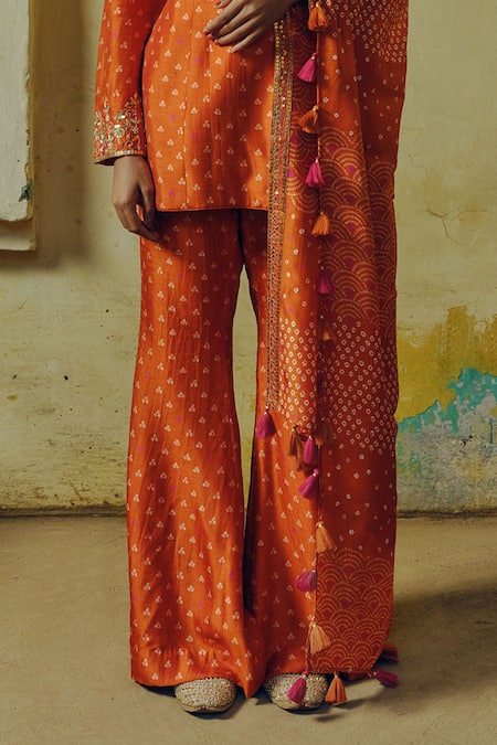 Shop_Drishti & Zahabia_Orange Silk, Crepe Sequins, Gota Patti, Bandhej Gullista Print Kurta Sharara Set _Online_at_Aza_Fashions