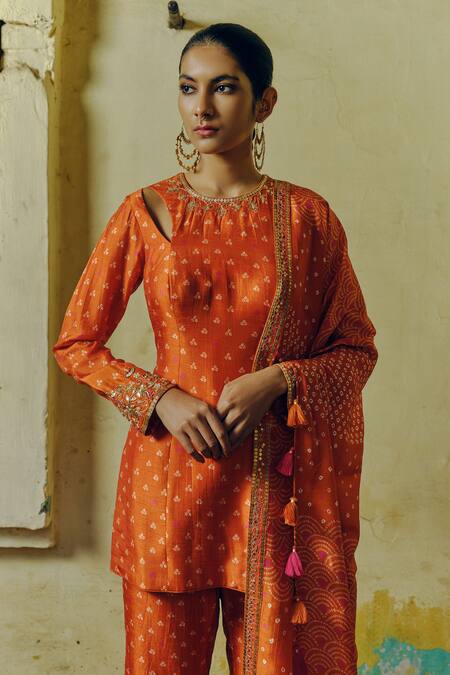 Drishti & Zahabia_Orange Silk, Crepe Sequins, Gota Patti, Bandhej Gullista Print Kurta Sharara Set _at_Aza_Fashions