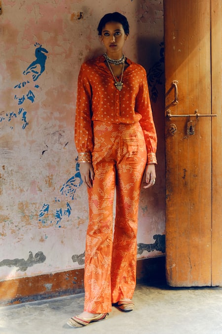 Drishti & Zahabia Orange Dupion Silk Lining Crepe Print Mania Shirt With Bell Bottom Pant 