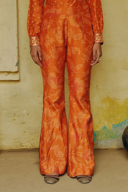Drishti & Zahabia_Orange Silk, Crepe Sequins, Bandhani Mania Print Shirt With Bell Bottom Pant _Online_at_Aza_Fashions