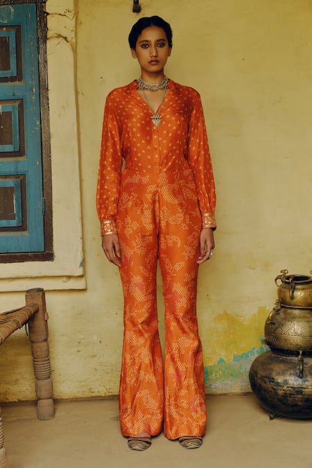 Buy_Drishti & Zahabia_Orange Silk, Crepe Sequins, Bandhani Mania Print Shirt With Bell Bottom Pant _Online_at_Aza_Fashions