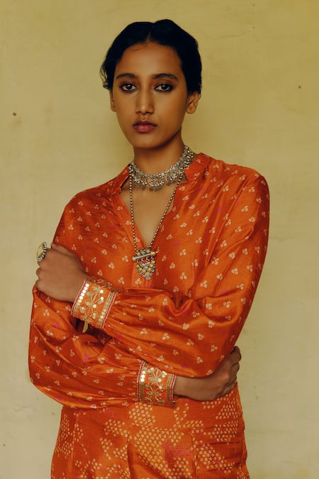 Shop_Drishti & Zahabia_Orange Silk, Crepe Sequins, Bandhani Mania Print Shirt With Bell Bottom Pant _Online_at_Aza_Fashions