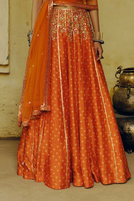 Drishti & Zahabia_Orange Silk, Crepe, Net Sequins, Zari Sweetheart Bandhej Phool Print Lehenga Set _Online_at_Aza_Fashions
