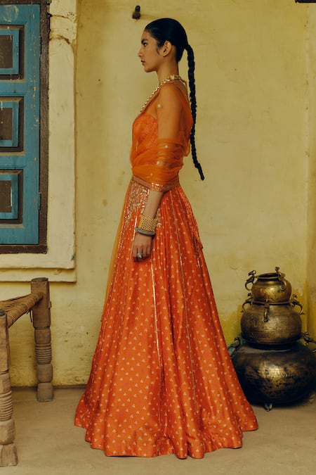 Buy_Drishti & Zahabia_Orange Silk, Crepe, Net Sequins, Zari Sweetheart Bandhej Phool Print Lehenga Set _Online_at_Aza_Fashions