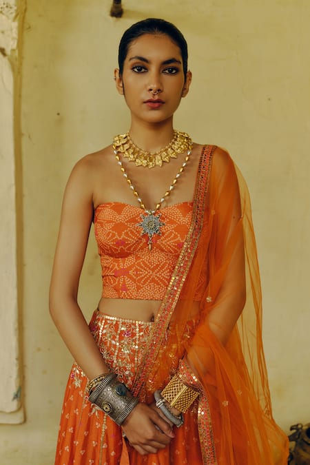 Shop_Drishti & Zahabia_Orange Silk, Crepe, Net Sequins, Zari Sweetheart Bandhej Phool Print Lehenga Set _Online_at_Aza_Fashions