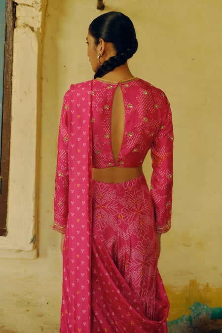 Drishti & Zahabia Bandhej Phool Print Pre-Draped Sharara Saree With Blouse 