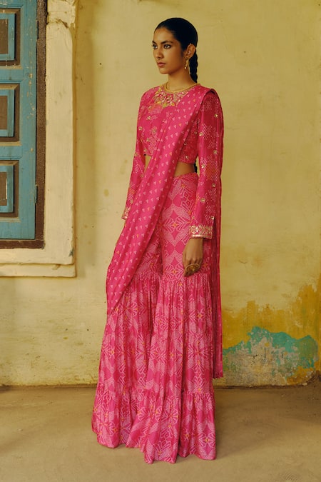 Drishti & Zahabia_Pink Silk, Crepe Bandhej Phool Print Pre-draped Sharara Saree With Blouse _Online_at_Aza_Fashions