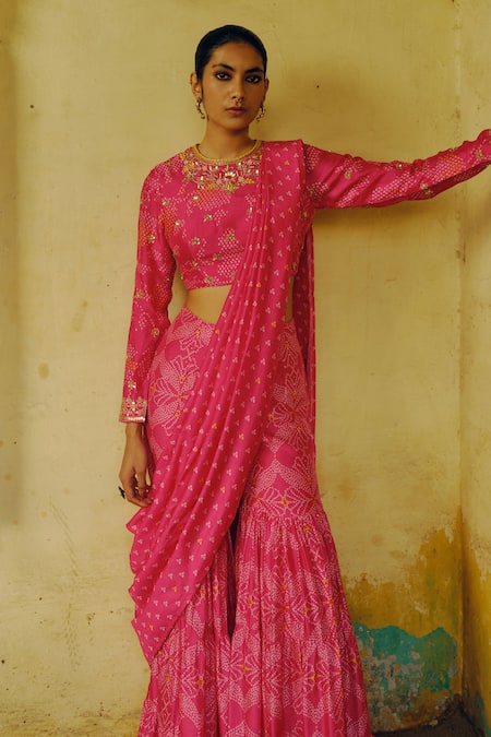 Buy_Drishti & Zahabia_Pink Silk, Crepe Bandhej Phool Print Pre-draped Sharara Saree With Blouse _Online_at_Aza_Fashions