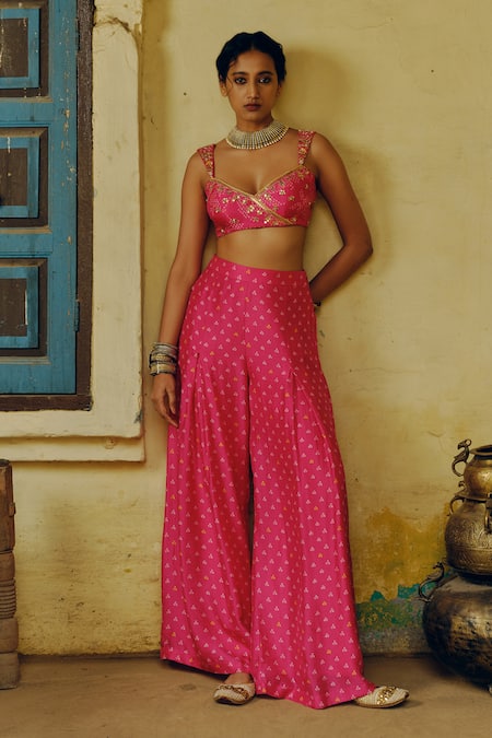 Drishti & Zahabia_Pink Silk, Crepe Sequins, Gota Patti Bandhej Print Bustier With Palazzo Pant _Online_at_Aza_Fashions