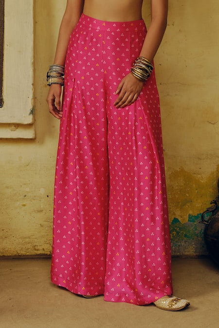 Buy_Drishti & Zahabia_Pink Silk, Crepe Sequins, Gota Patti Bandhej Print Bustier With Palazzo Pant _Online_at_Aza_Fashions
