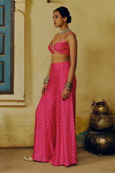 Shop_Drishti & Zahabia_Pink Silk, Crepe Sequins, Gota Patti Bandhej Print Bustier With Palazzo Pant _Online_at_Aza_Fashions