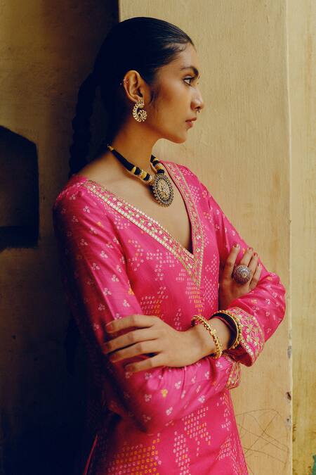 Drishti & Zahabia_Pink Silk, Crepe, Cotton Sequins, Bandhej Mosaic Bloom Print Tunic With Pant _Online_at_Aza_Fashions