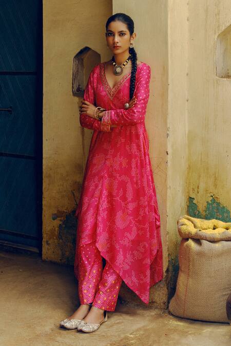 Buy_Drishti & Zahabia_Pink Silk, Crepe, Cotton Sequins, Bandhej Mosaic Bloom Print Tunic With Pant _Online_at_Aza_Fashions