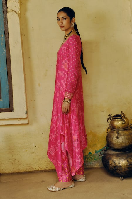 Shop_Drishti & Zahabia_Pink Silk, Crepe, Cotton Sequins, Bandhej Mosaic Bloom Print Tunic With Pant _Online_at_Aza_Fashions